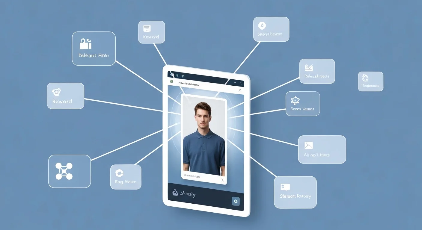 A conceptual digital illustration showing a Shopify product photo being analyzed and indexed by an AI search engine, with nodes representing keywords and visual context.