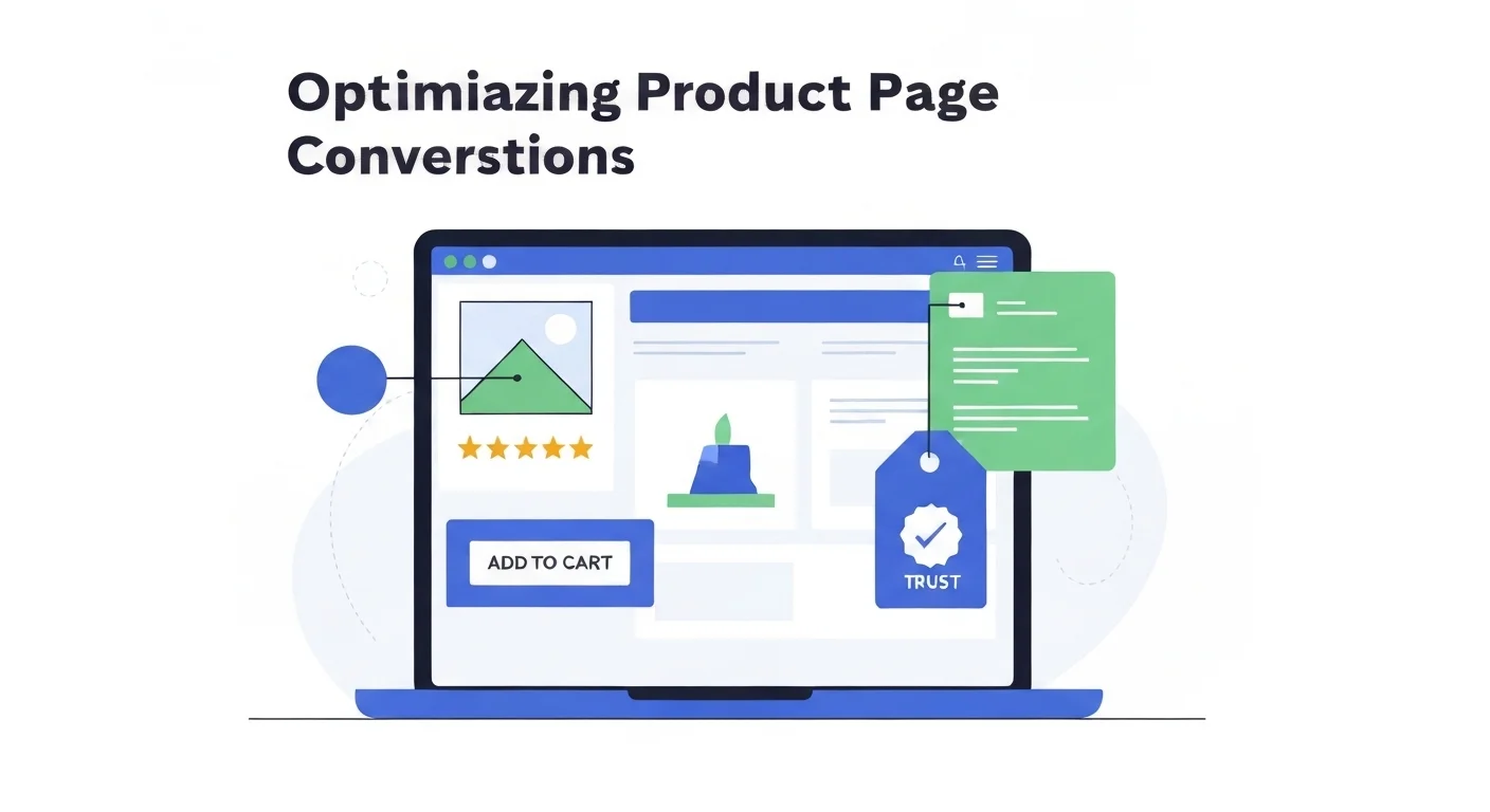Editorial illustration showing a Shopify product page with conversion optimization elements highlighted
