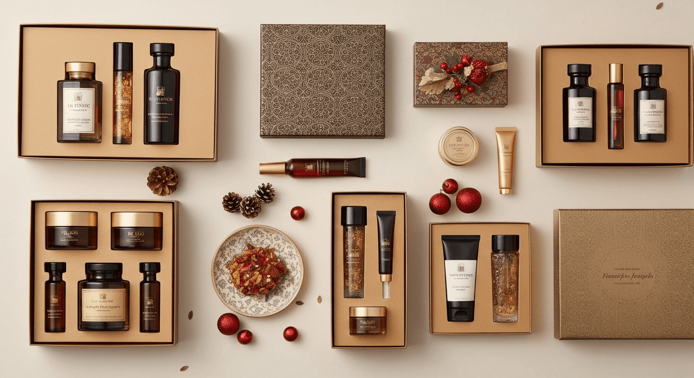 Elegant holiday gift set with ribbon and ornaments arranged on a dark navy surface with warm festive lighting for Shopify product photography