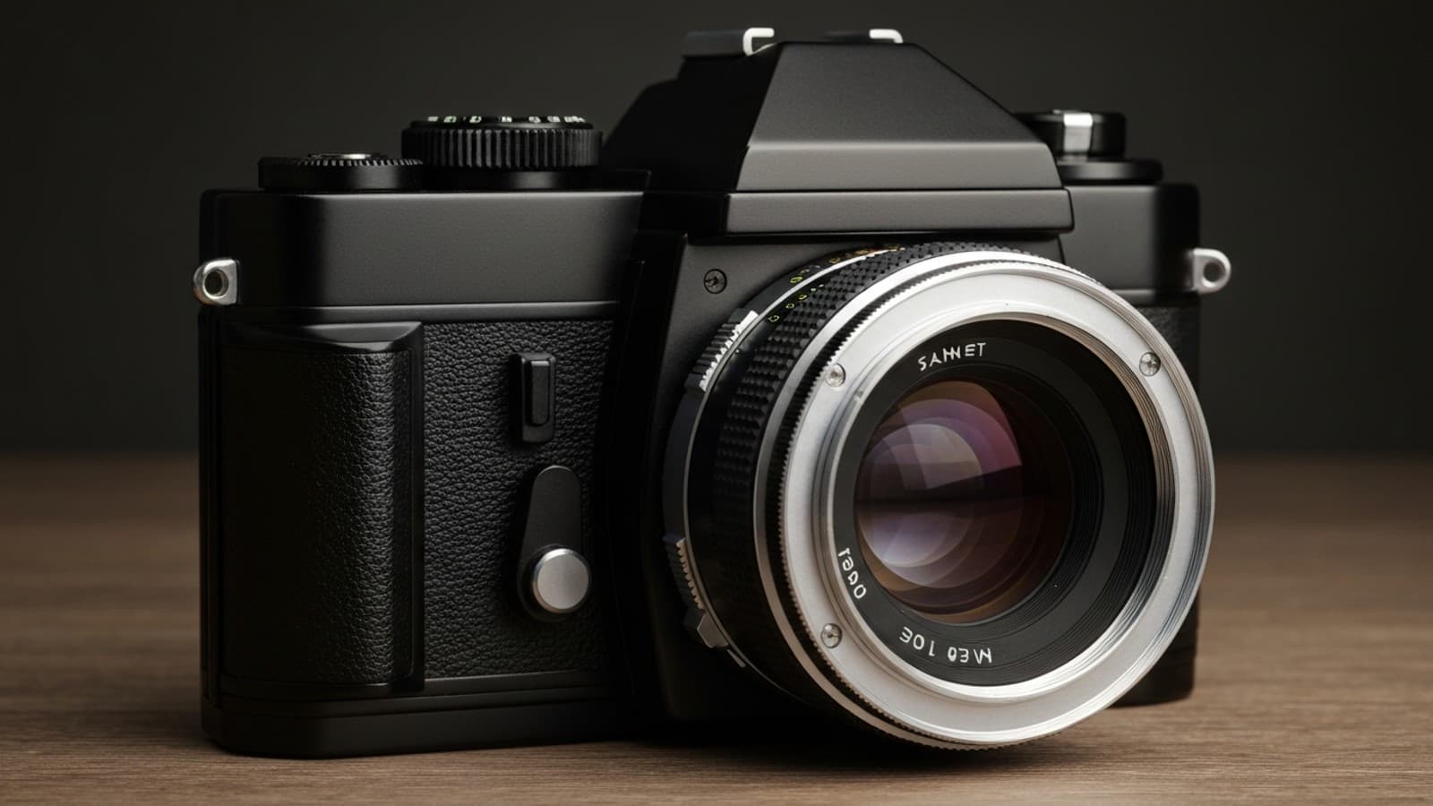 Film camera on dark slate, representing product photography tools for Shopify merchants