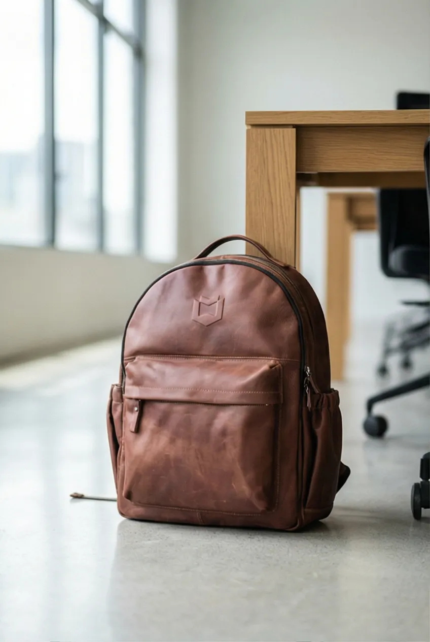 AI-generated lifestyle photo of a brown leather backpack in a modern office setting