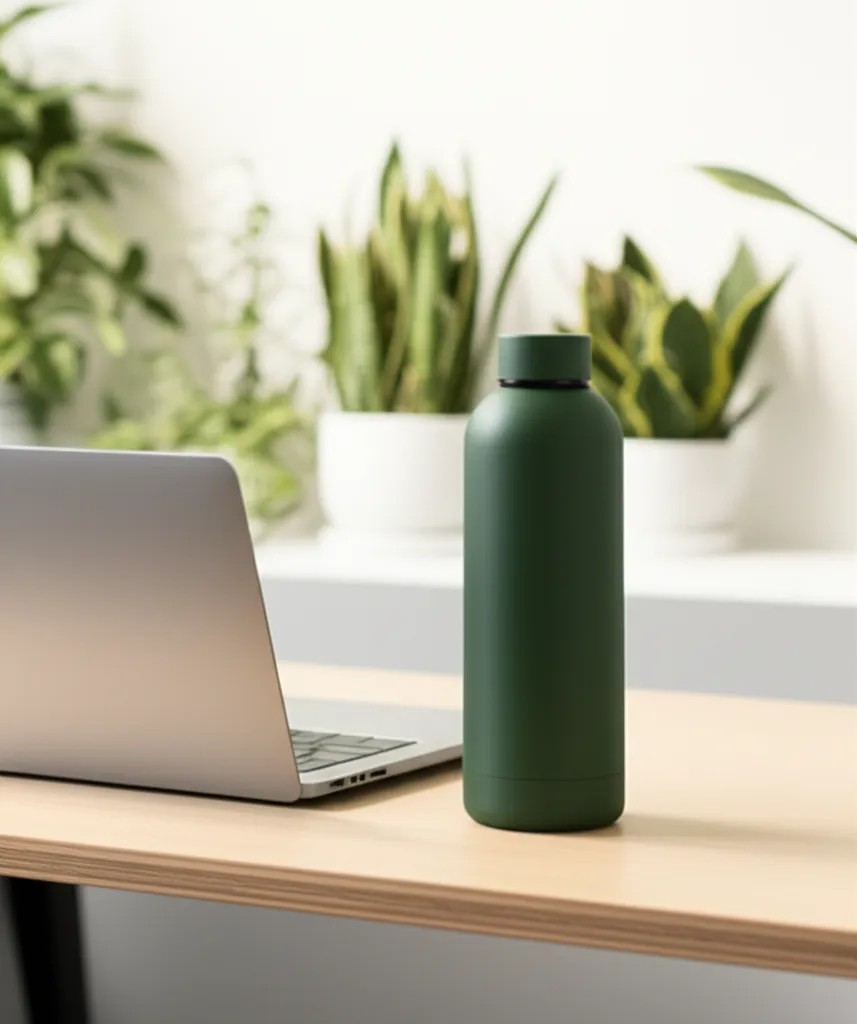 AI-generated lifestyle photo of a water bottle on an office desk