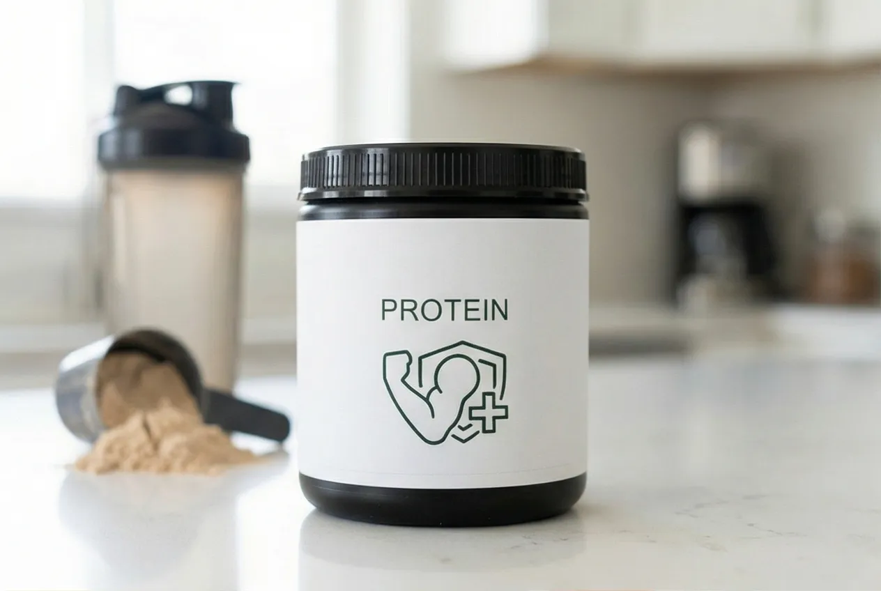 AI-generated lifestyle photo of a protein supplement on a kitchen counter